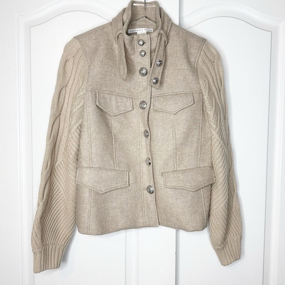Veronica Beard Arshia Wool Blend Jacket Oatmeal Cable Knit Sleeves Size 6 - Picture 7 of 16